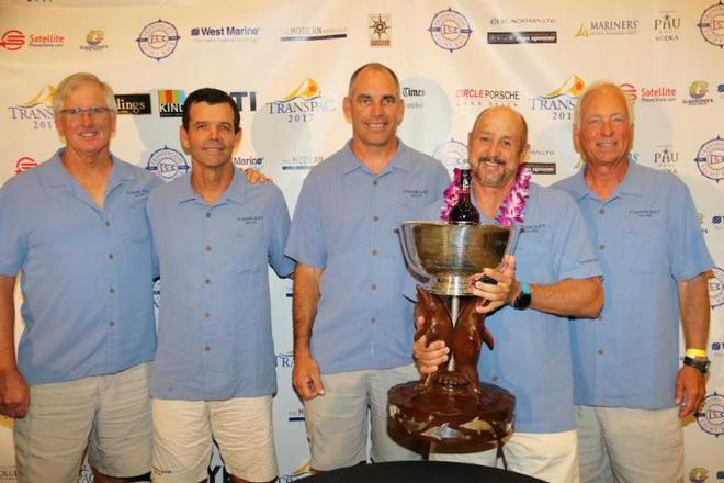 Roy Pat Disney and a portion of his star-studded crew on Pyewacket accept their division award - 2017 Transpac ©  David Livingston